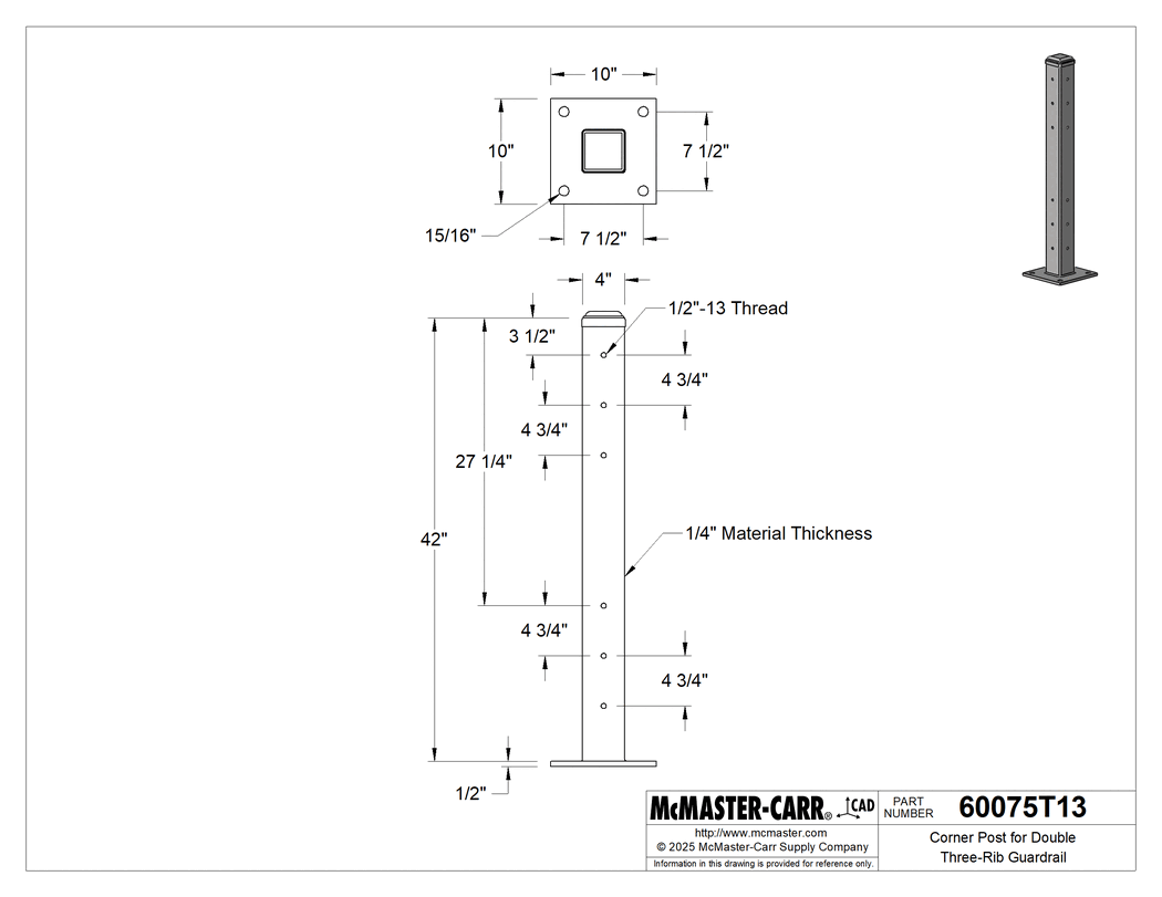 Technical Drawing of Corner Post for Double Three-Rib Guardrail.
